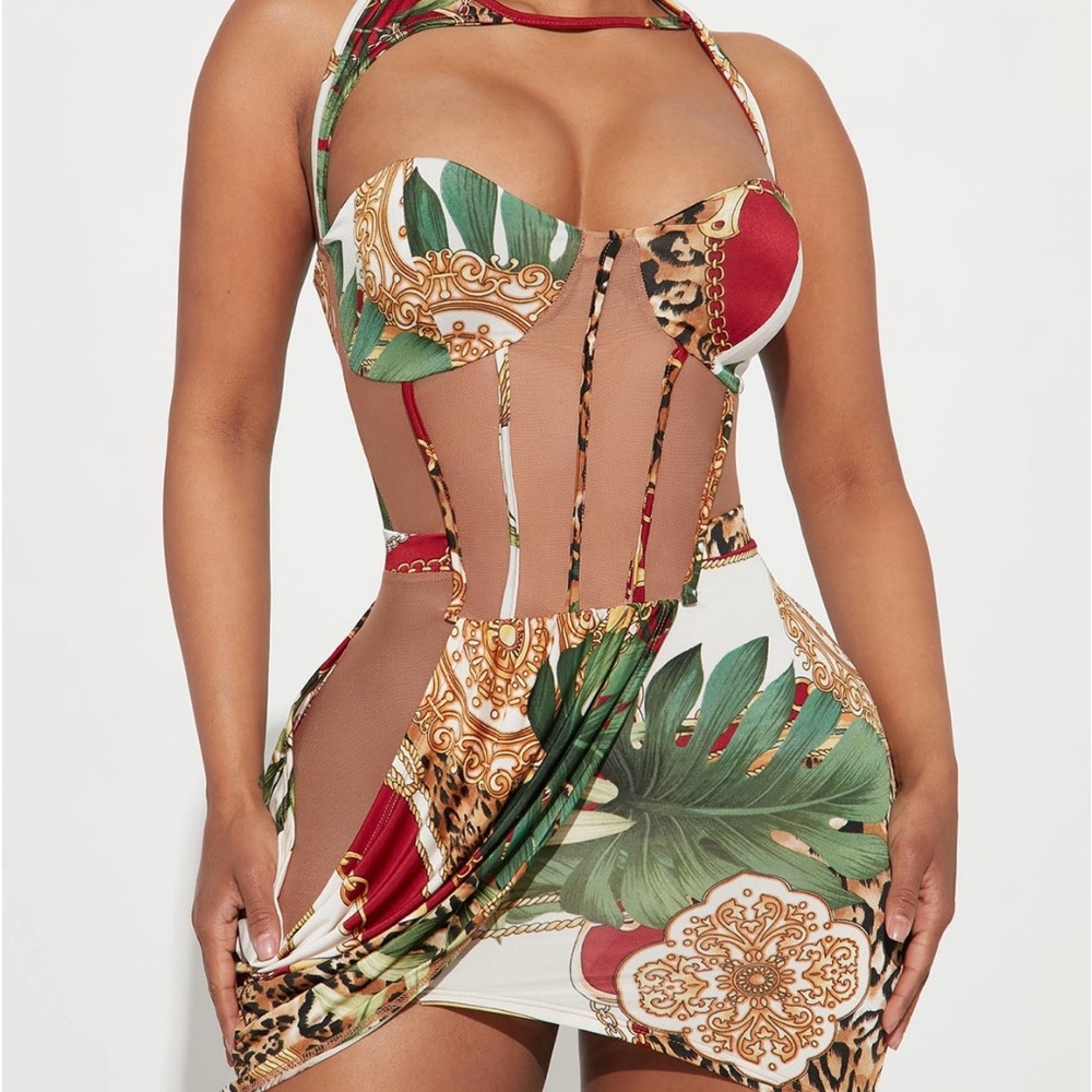 Tropical Print Cutout Dress